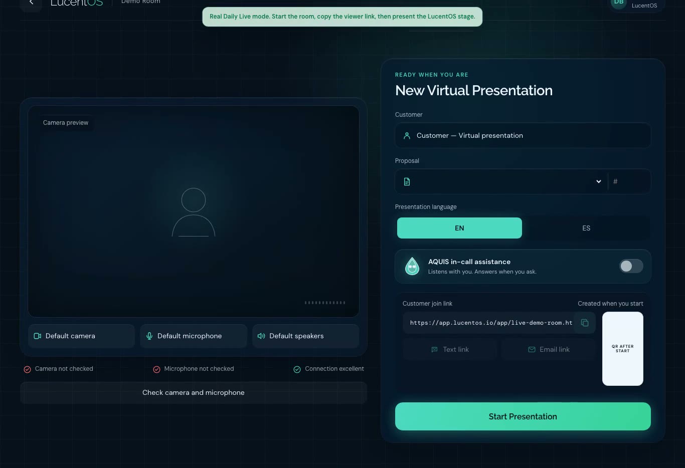 LucentOS Demo Room pre-call lobby with camera preview and presentation controls