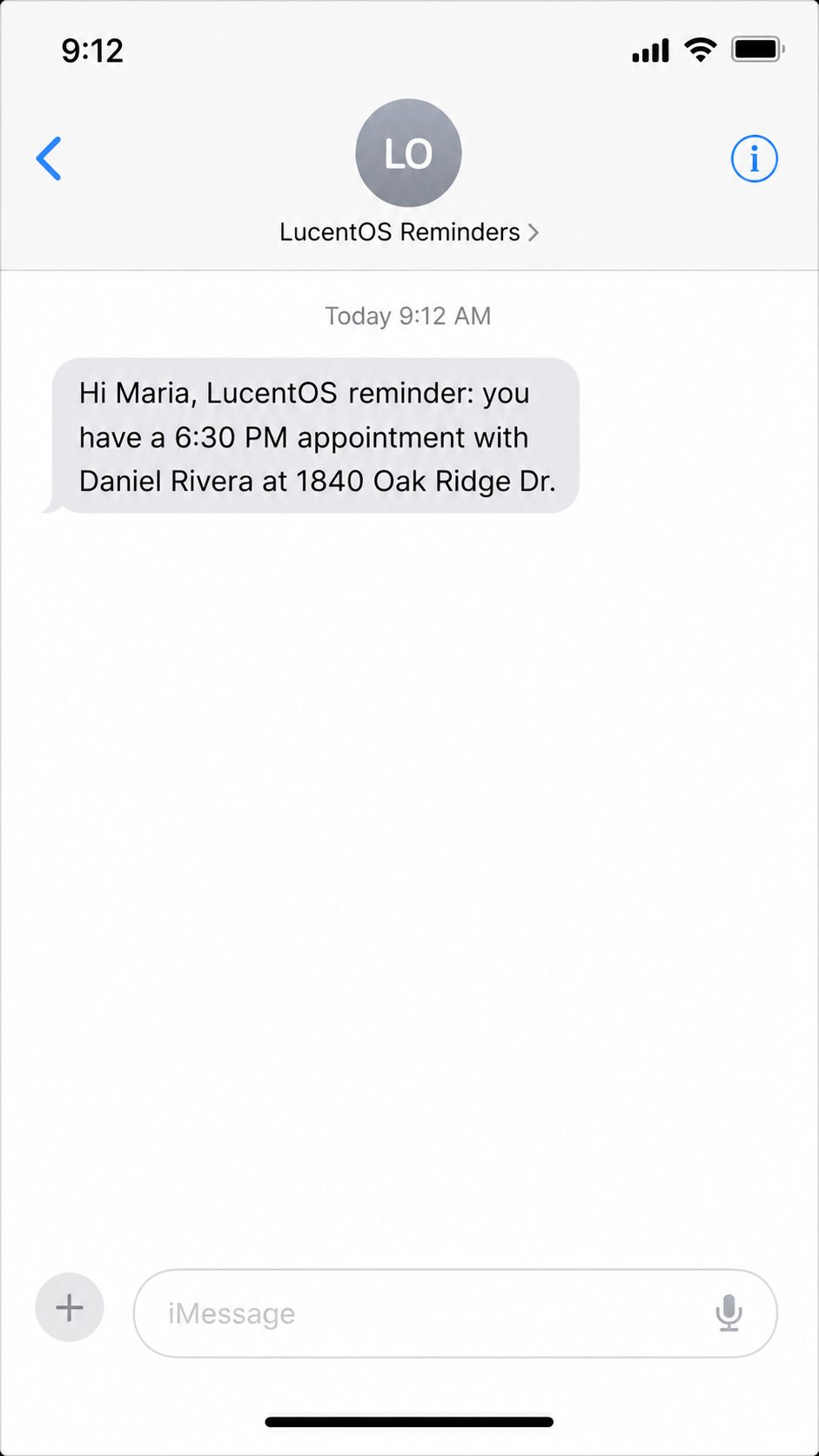 LucentOS appointment reminder iMessage screenshot