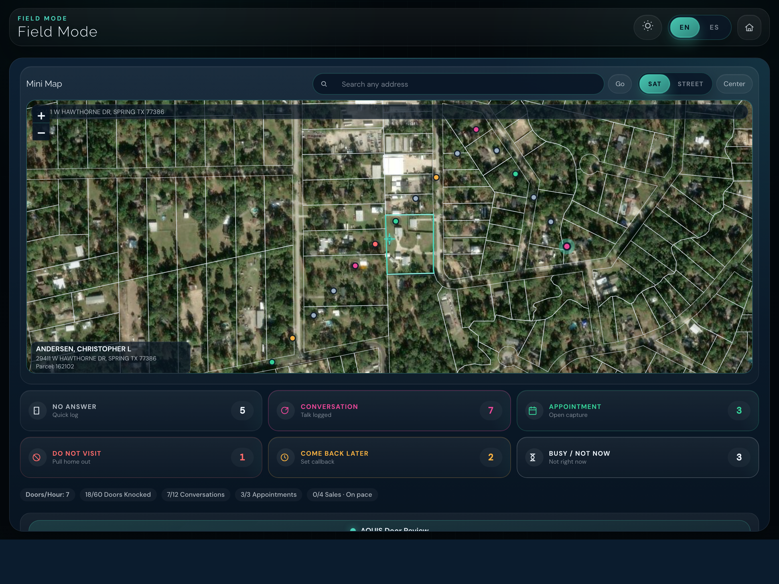 Real LucentOS Field Mode iPad landscape tracker map with door outcomes