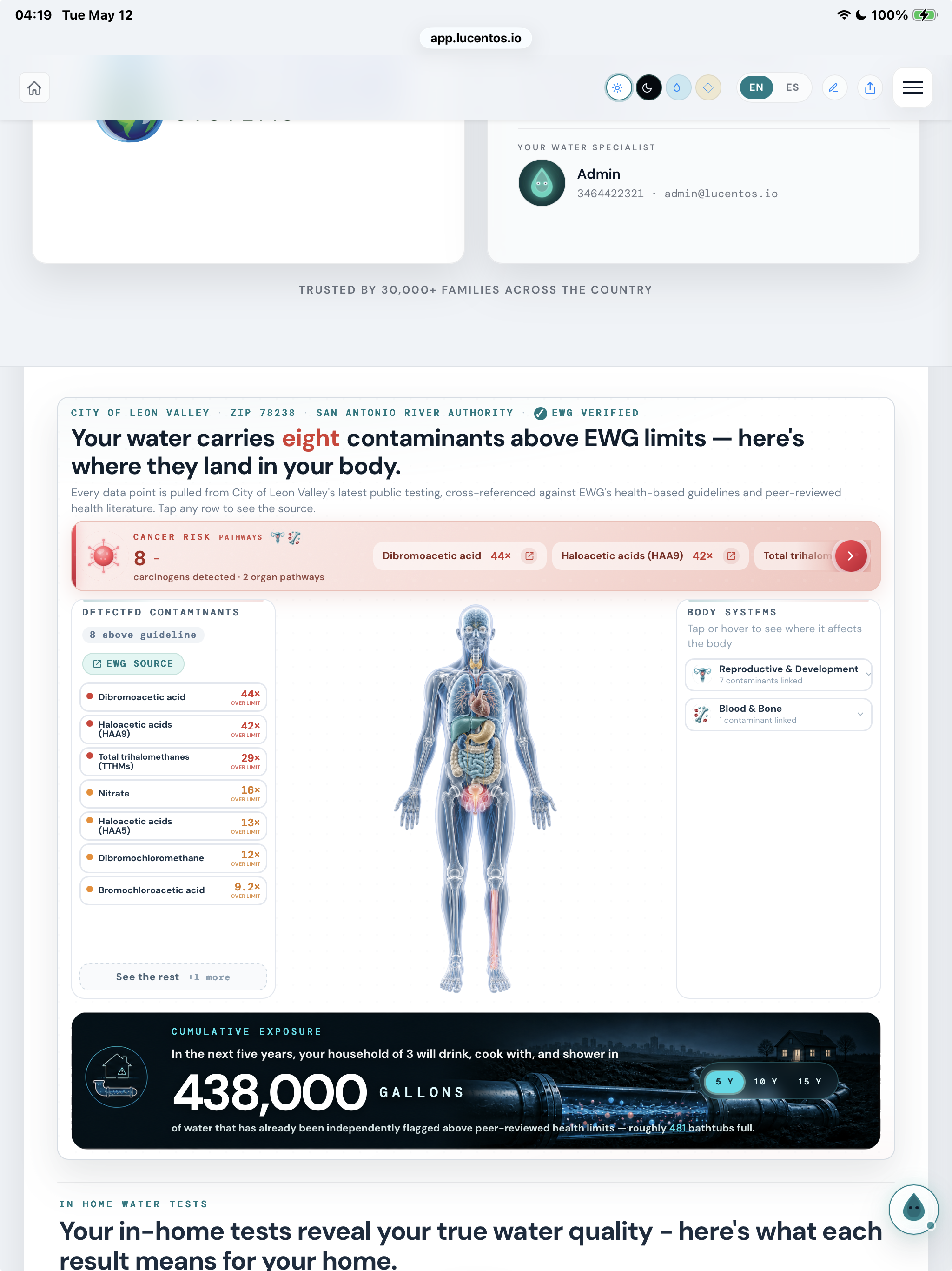 LucentOS EWG contaminant health impact portrait screenshot