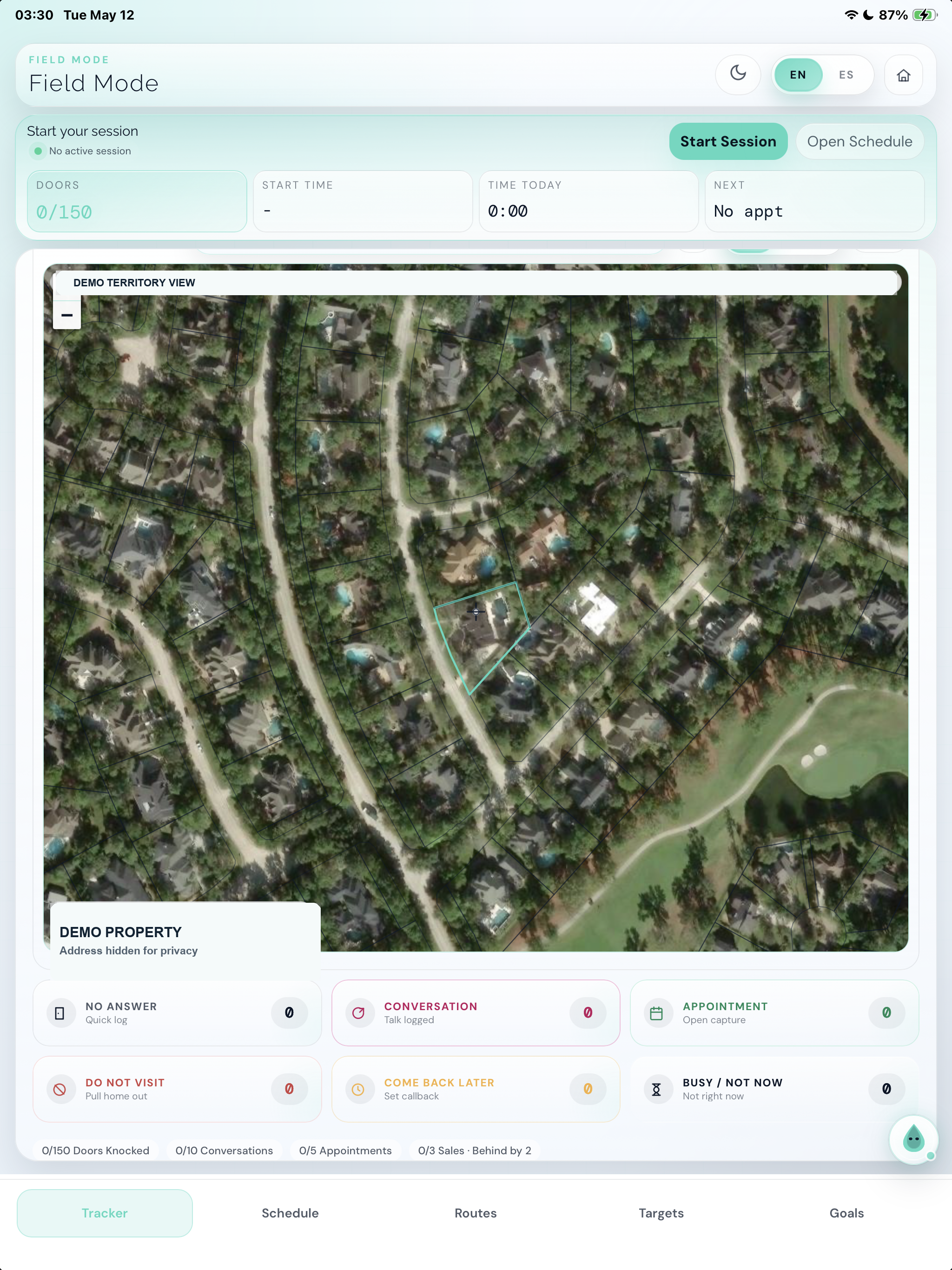 LucentOS Field Mode territory tracker portrait screenshot
